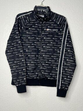 Champion Full Zip Track Jacket Sz L With Pockets Black All Over Print Arm Stripe